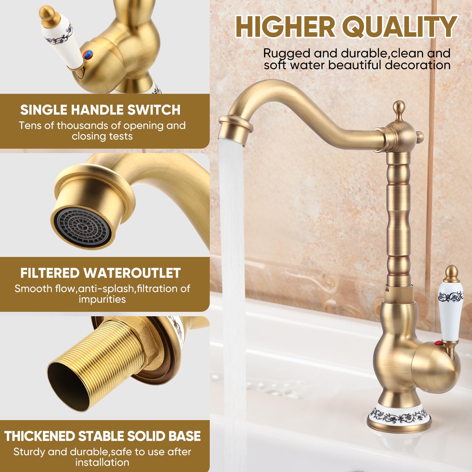 Rubinetto Cucina Ottone Antico Monocomando,Rubinetto Bagno Lavabo Vintage Monocomando in Ceramica,rubinetti stile antico,Calda e Fredda del Rubinettoda Cucina O In Bagno,Girevole a 360°,Bronzo