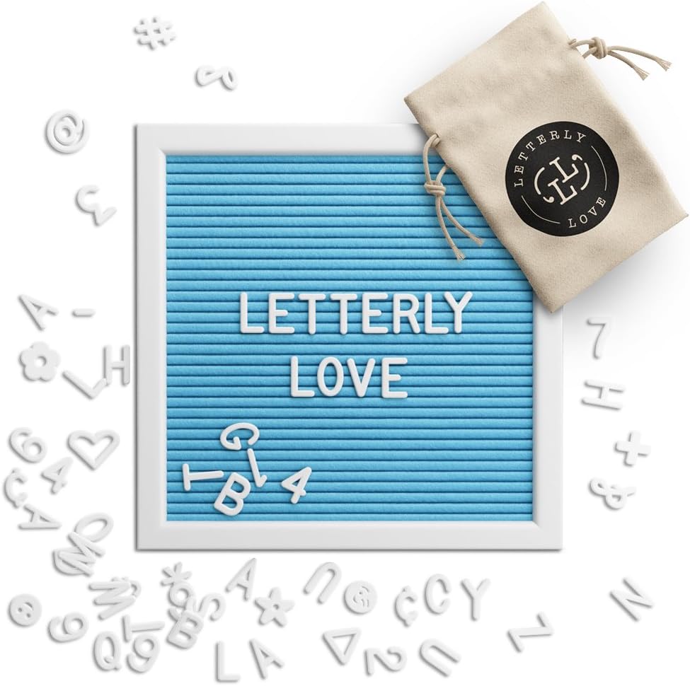 Letterly Love Letter Board - 10x10 White Frame - Light Blue Felt Letterboard