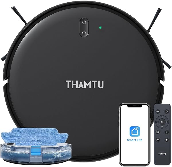 Thamtu Robot Vacuum and Mop Combo, Slim 2-in-1 Vacuum Robotic with Strong Suction, Auto-Charging, Scheduling, Smart Robot Vacuum Cleaner Ideal for Pet Hair, Hard Floors & Low-Pile Carpets