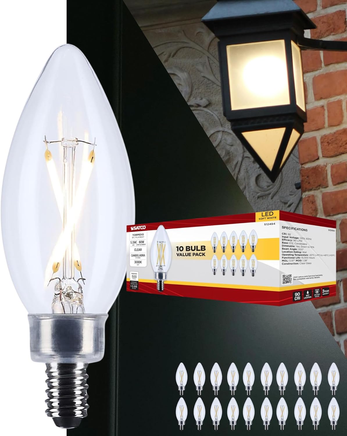 Satco 5.5W LED B11 Candle Light Bulb 3000K Soft White 500 Lumens Clear Finish E12 Candelabra Base Dimmable 300 Degree Beam Enclosed Fixture Rated Wet Location 120V 20-Pack S12494