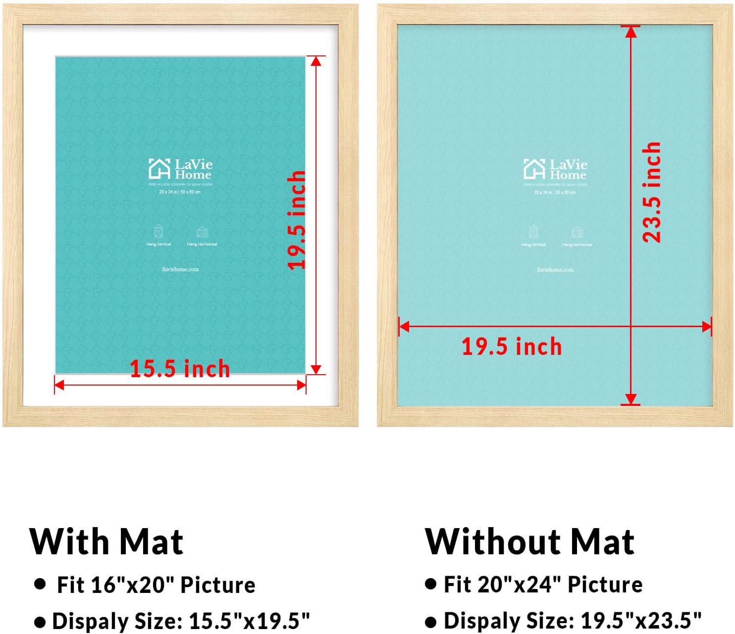 LaVie Home 20x24 Picture Frame Beige Oak Wood Poster Frame, Display Pictures 16x20 with Mat or 20x24 Without Mat, Stable Frame and Polished Plexiglass, Horizontal and Vertical Format of The Walls