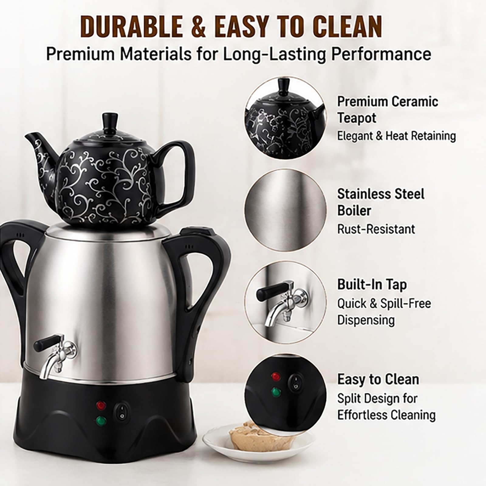 Turecki ekspres do kawy 3L z ceramicznym czajnikiem 1L | Automatyczne wyłączanie i ochrona przed wysuszeniem, funkcja automatycznego utrzymywania ciepła(black)