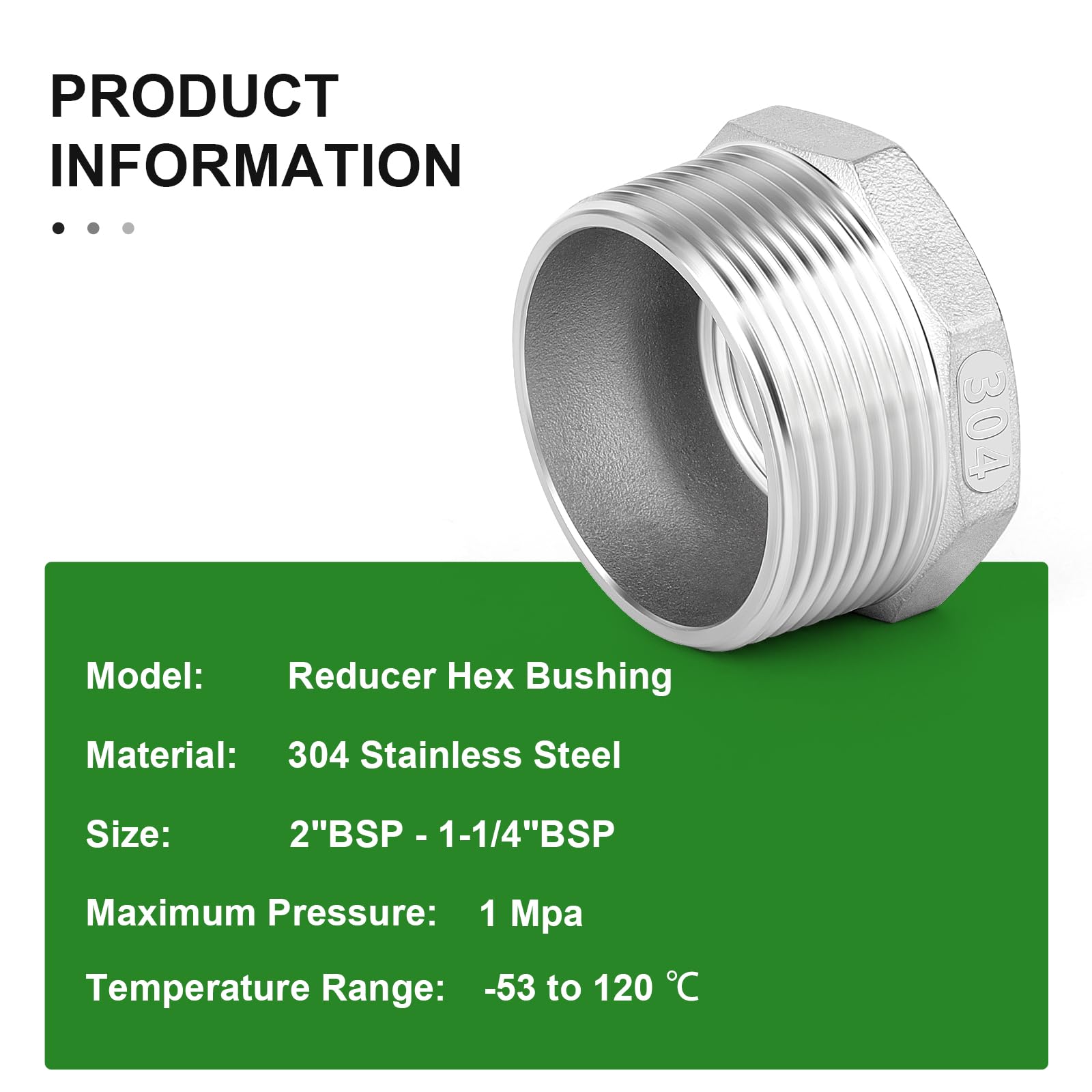 TAISHER 2 Stück 304 Edelstahl Reduzier-Sechskantbuchse, 2" BSP Außengewinde x 1-1/4"BSP Innengewinde, Reduzierrohr-Adapterfitting, für Wasser, Öl, Luft und Gas