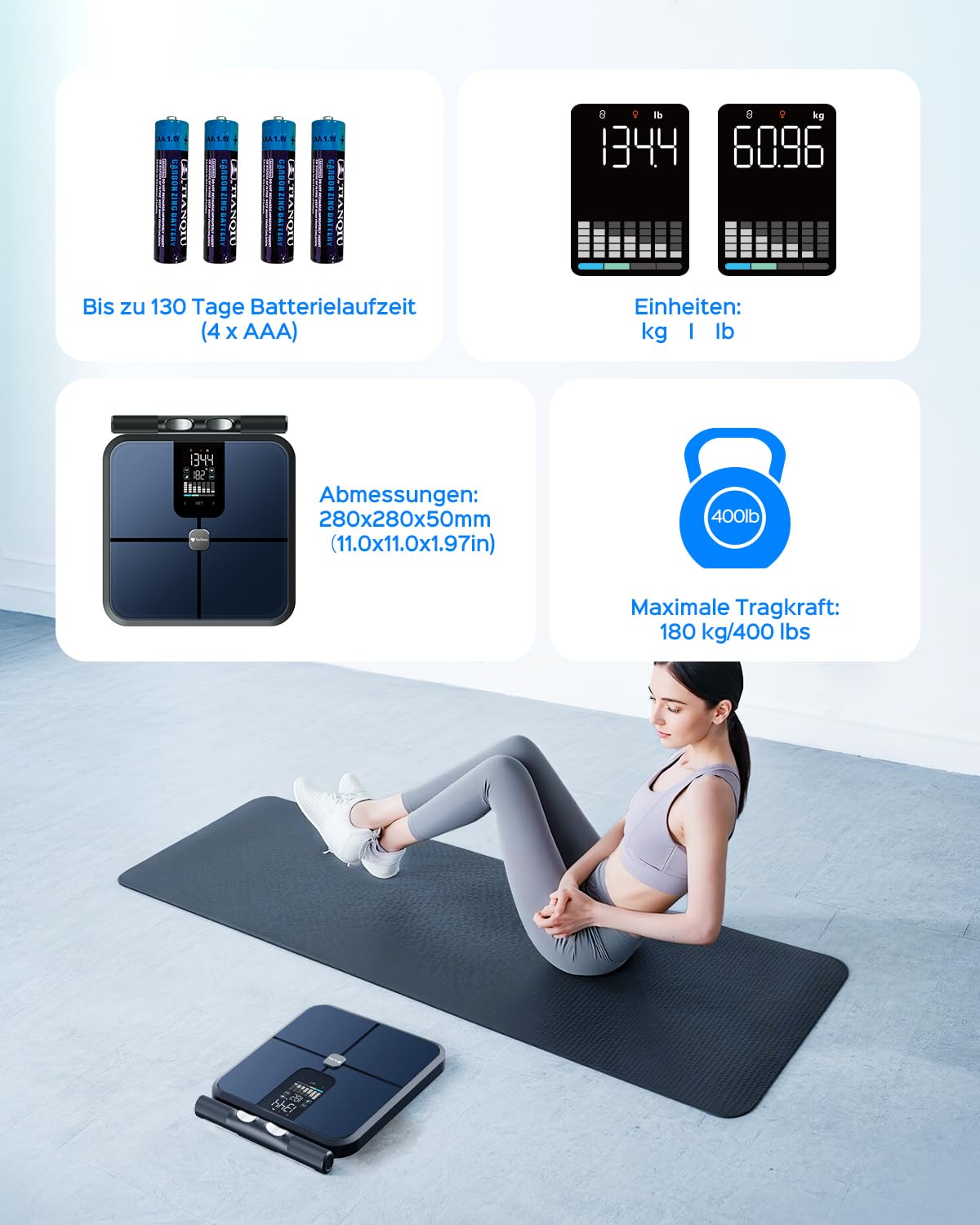 Körperfettwaage mit Handsensoren, 8 Elektrode Waage mit Körperfett und Muskelmasse, BMI, und 29 Körpermesswerte, Digitale Personenwaage mit Körperfettanalyse, Bluetooth App, VA-Display, 180 kg