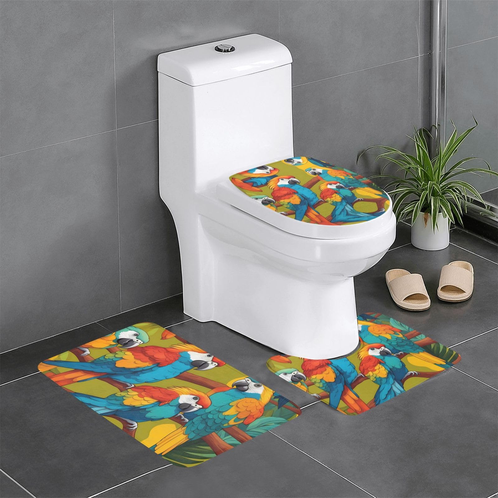 Tapis de salle de bain antidérapants lot de 3 perroquets colorés pour WC