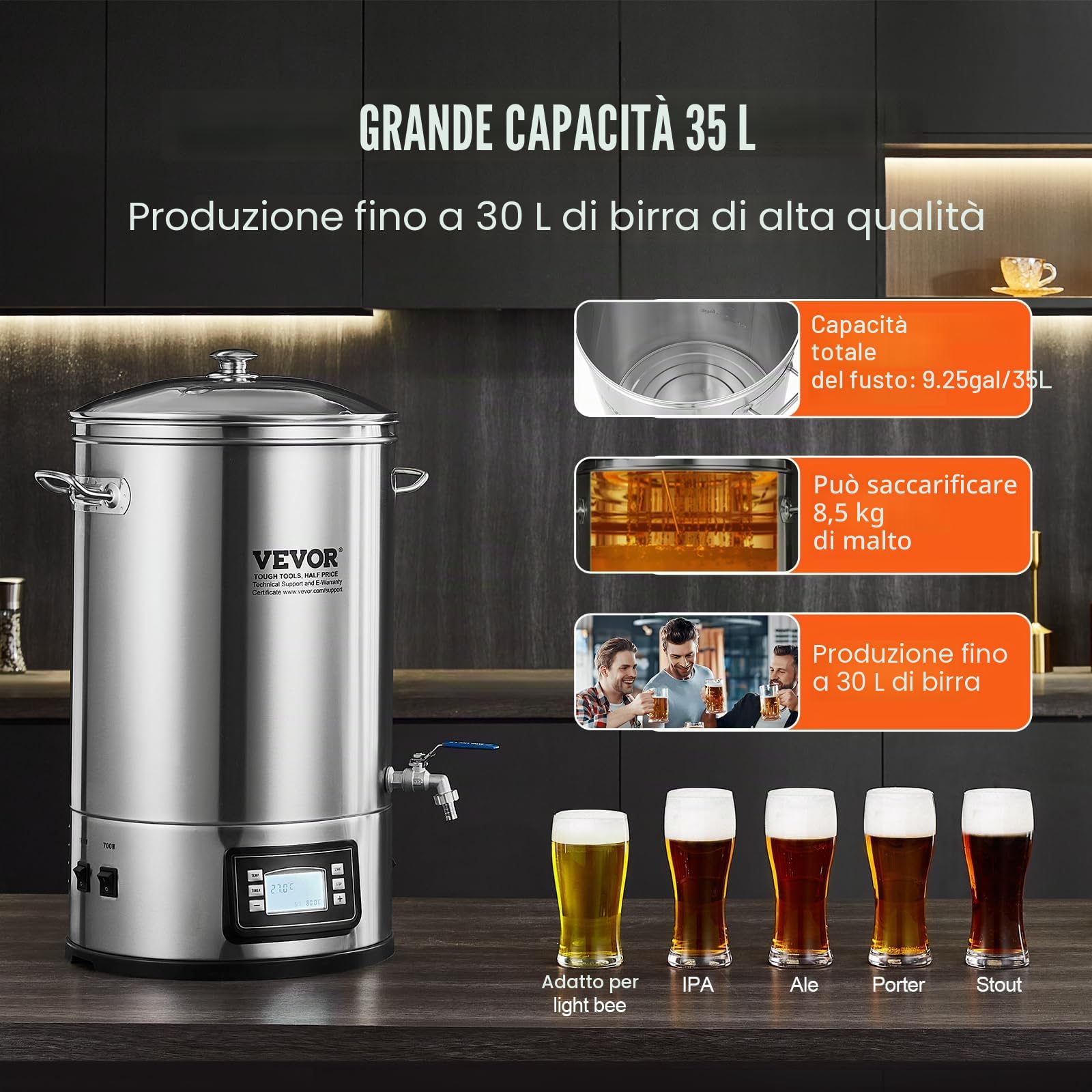 VEVOR Bollitore per Birra, Macchina Domestica per Birra, Distillatore di Birra, Acciaio Inossidabile 304 Pannello, Include Coperchio in Vetro, Maniglia, Rubinetto, Controllo Elettronico, 35 Litri