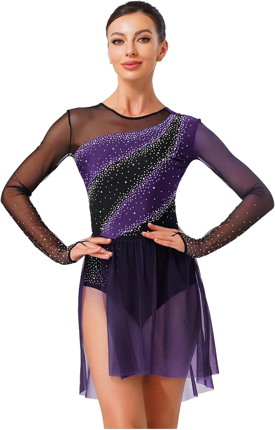 Womens Shiny Dance Leotard Dress Rhinestones Skirted Leotard Ice Skating DressGym Ballet Dancewear