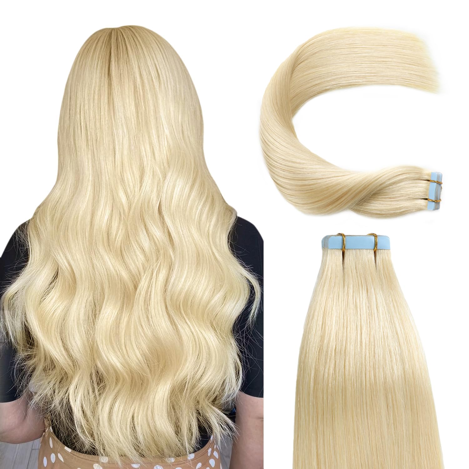 Sunya Tape in Hair Extensions Human Hair Platinum Blonde Tape Hair Extensions 16 Inch Invisble Invisible Tape Hair Human Hair Extensions Natural Skin Hair Weft 40g 20pcs/Pack