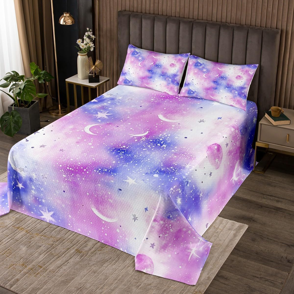 Manfei Glitter Galaxy Bedspread King,Mystery Outer Space Blue Black Quilted Coverlet 3pcs for Adults Teens Room Decor,Shining Starry Sky Cloud Bedding Quilt