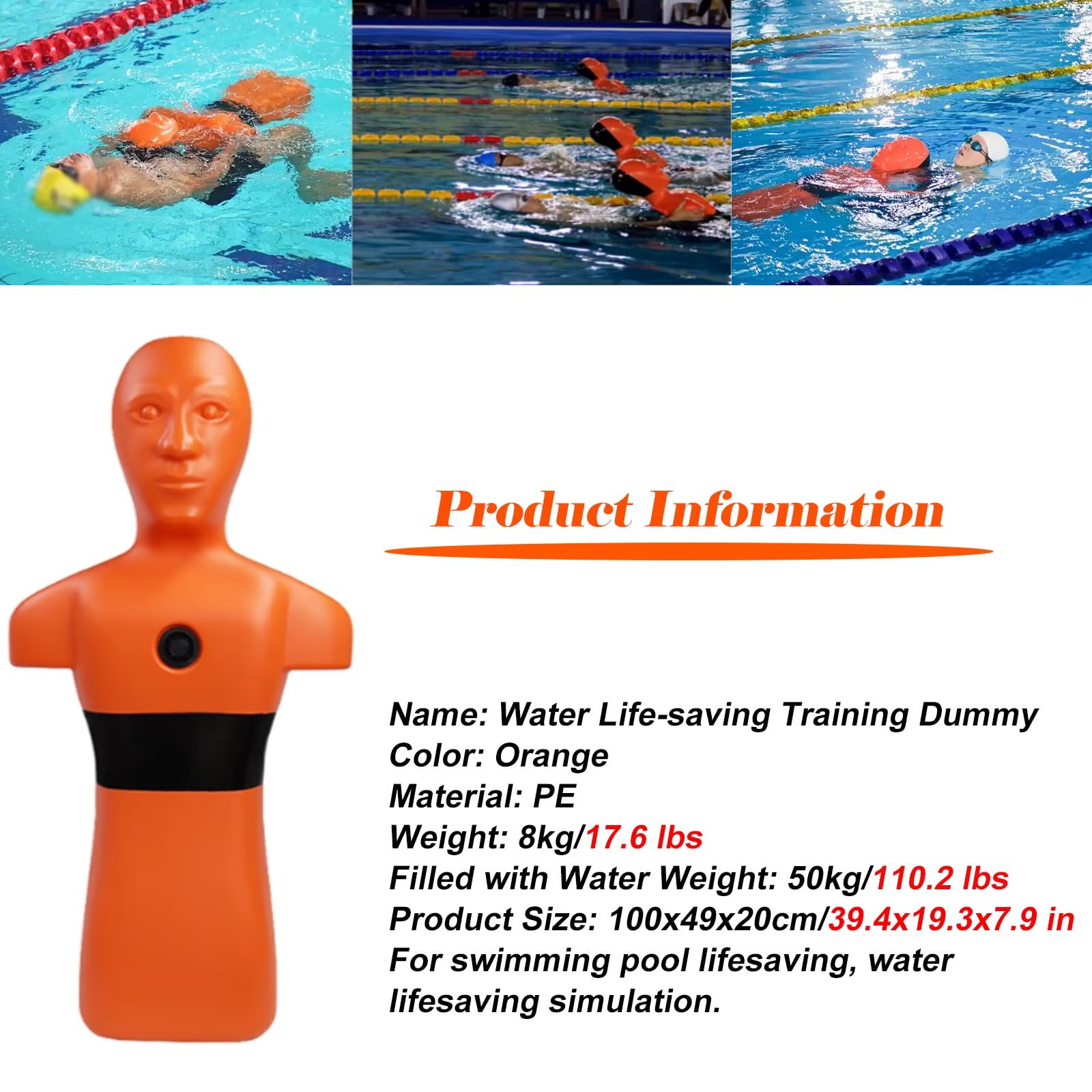 MZZKFC Water Rescue Training Dummy, Drowning Prevention Teaching Tools with 3 Inlet & Outlet Holes, Swimming Pool Rescue Training Equipment for Teenagers/Adults(Orange)