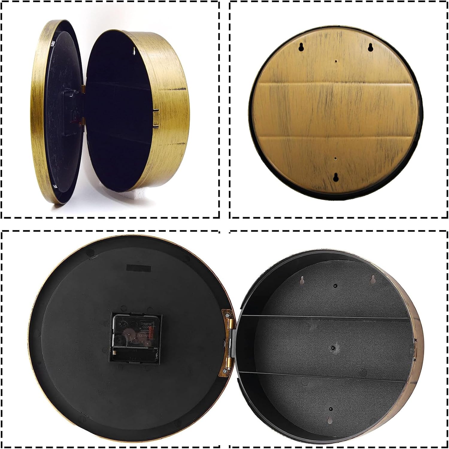 Wall Clock with Hidden Safe, 10 inch Plastic Secret Safe Wall Clock for Living Room Decor, Vintage Decor Clock Diversion Safe with Hidden Compartment, Cool Stuff for Your Room (Gold)