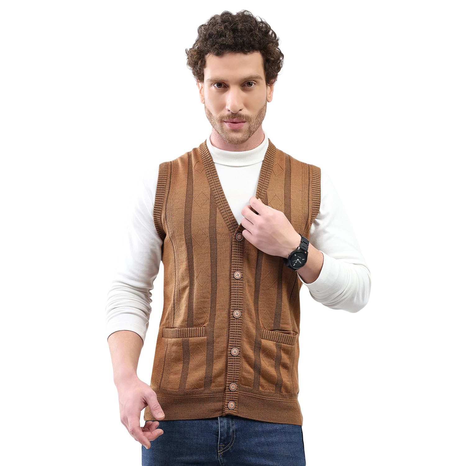 monte carlo Men V Neck Sleeveless Cardigan | Self Design Knitwear Vest | Regular Fit Sweater for Winter Layering & Office Wear (Pack of 1)-picture-33