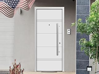 VDOMDOORS Front Exterior Prehung Steel Door 36 x 80 inches Left-Hand/Deux 1705 White Enamel/Horizontal Lines Single Modern Painted