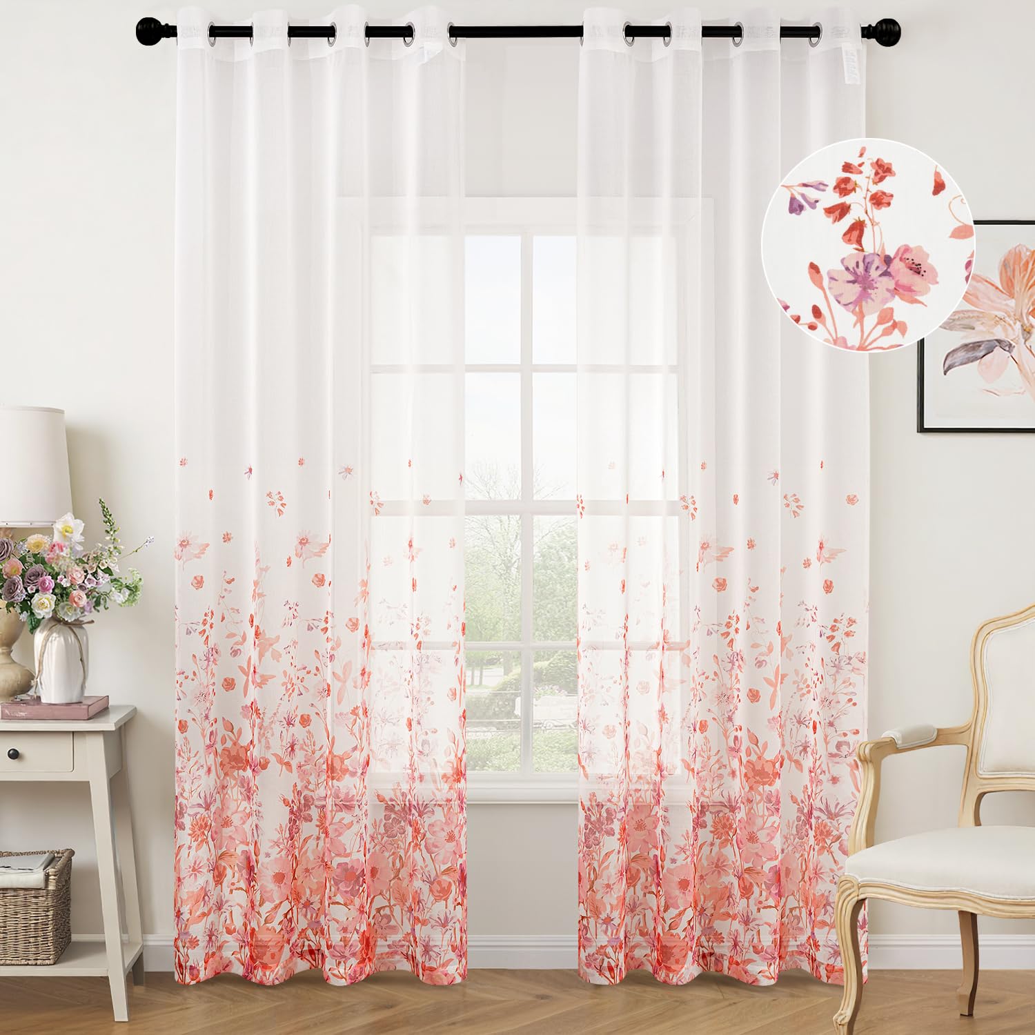 Woaboy Cortina Dormitorio Rosa Visillo con Estampadas Flores Ventana Decorativo Tansparente Moderno para Salón Habitación 2 Piezas 140x225cm
