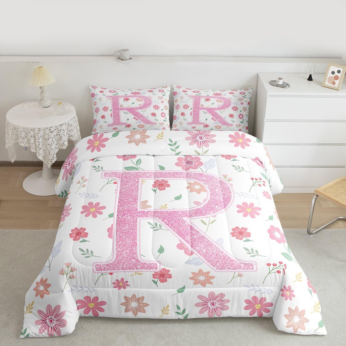 Feelyou Cute Flower Comforter Set Twin Size Fresh Flower Floral Bedding Set for Kids Boys Girls Nature Plants Duvet Quilt Pink Green Bedroom Decor Microfiber 2 Pcs with 1 Pillow Cases