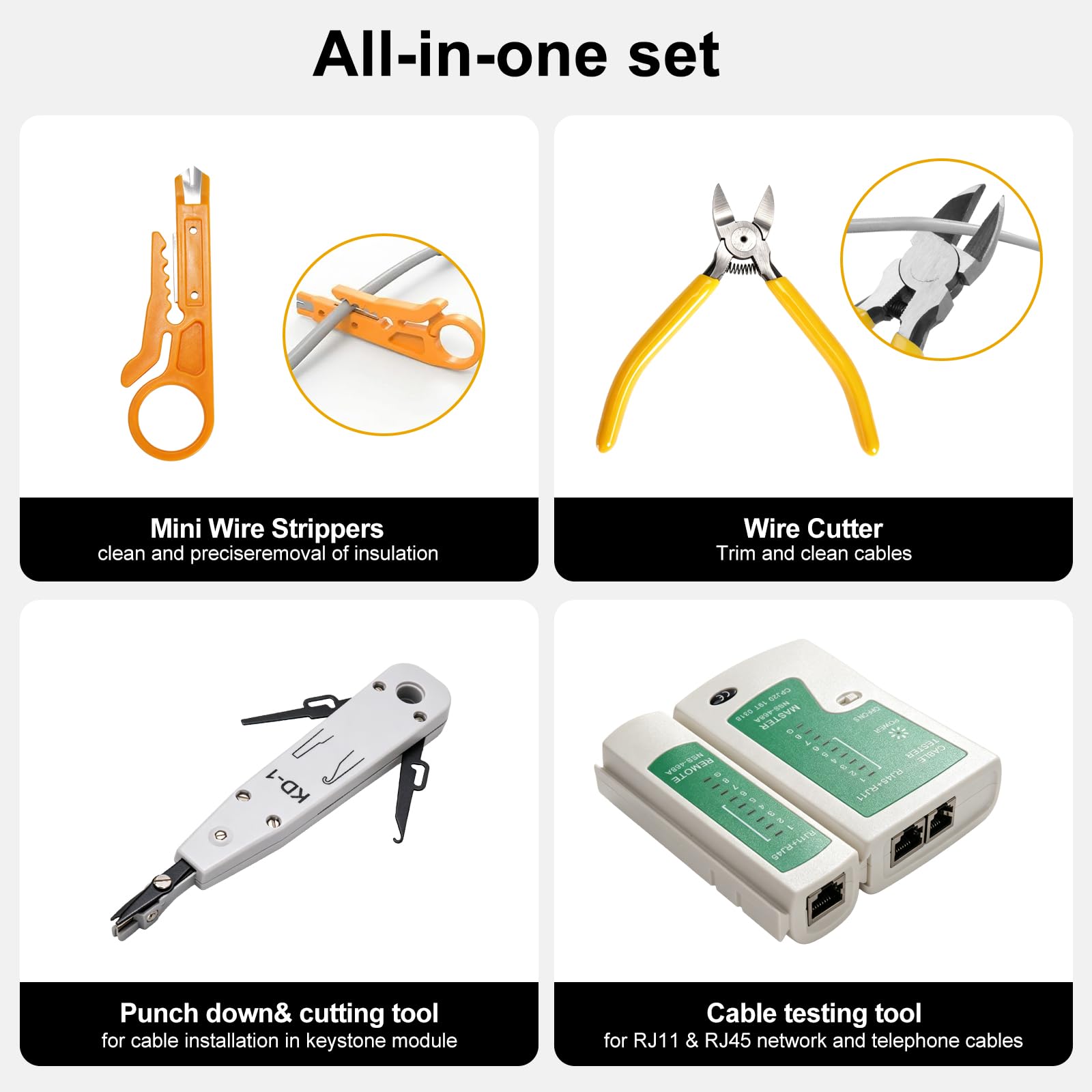 Pinza Crimpatrice RJ45, Strumenti Kit di Rete Professionali con 60Pcs Connettori RJ45 Passante e 60Pcs Stivali Protettivi, Tester Lan, Punzonatura LSA, Pinza a Taglio Laterale, Kit Crimpatore RJ45