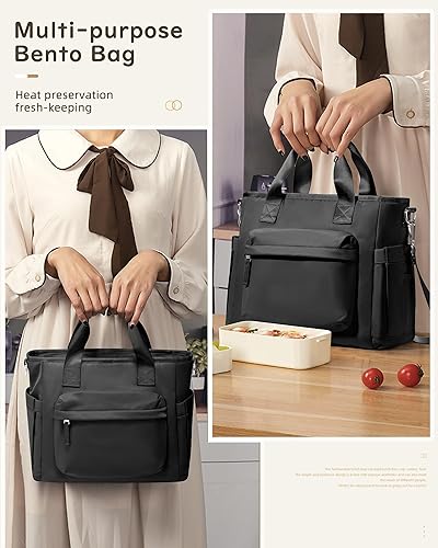 Miniatura 6 de Lonchera negra para mujeres y hombres, bolsa de almuerzo aislada, bolsa de almuerzo grande para el trabajo, bolsas de almuerzo reutilizables, lindas