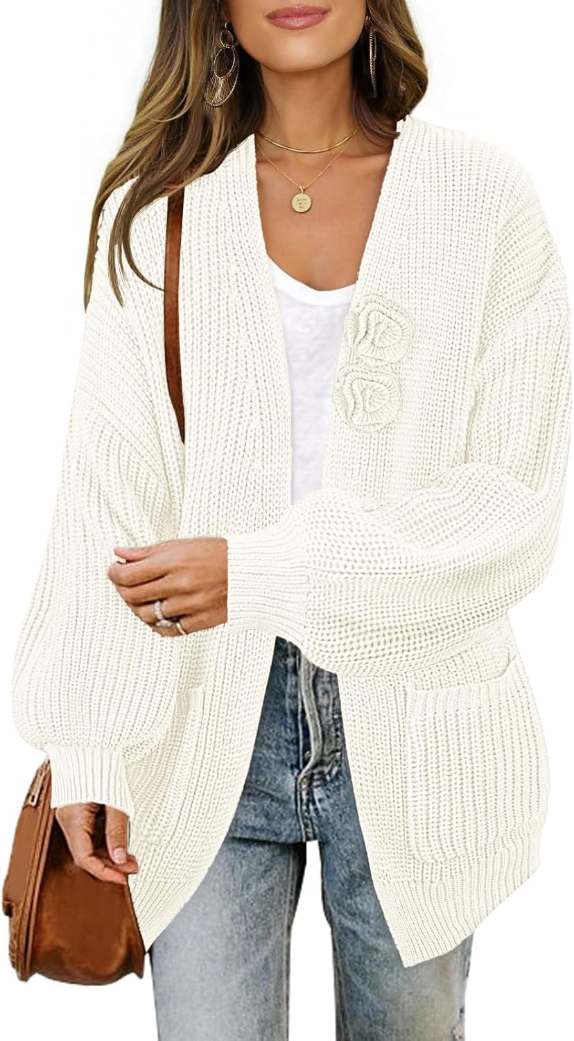 MEROKEETY Women's 2025 Open Front Chunky Cardigans Lantern Long Sleeve Oversized Knit Outwear with Pocket