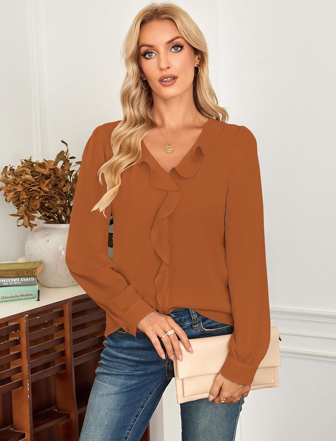 Halife Womens Dressy Casual Blouses Long Sleeve Business Tops Ruffle V Neck Trendy Work Shirts - Image 4