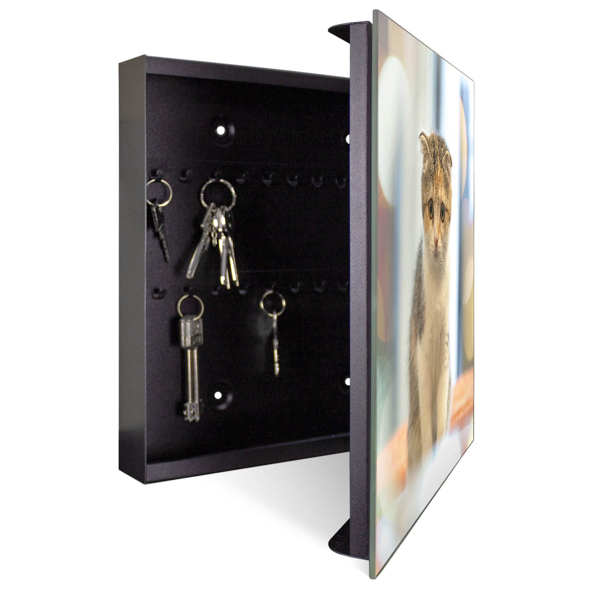 Banjado Schlüsselkasten Glas 30x30 Cm – Mit 50 Haken & Magnetischer Glastür, Beschreibbar | Moderne Schlüsselaufbewahrung Mit Katzen-Motiv