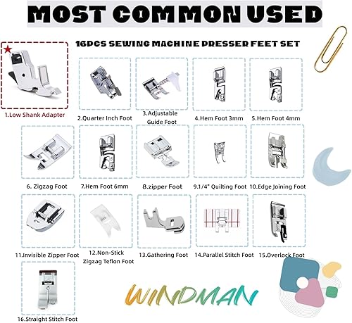 Miniatura 2 de Windman Juego de 16 pies prensatelas, incluye 16 pies de costura más comunes, adaptador de vástago bajo y manual para hermano, cantante, babylock y