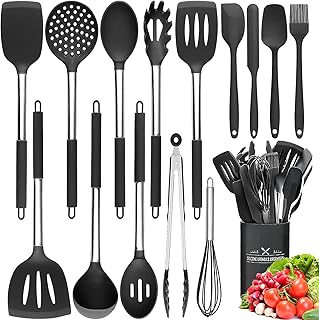 NAUDILIFE Kitchen Utensils Set,15 Pcs Silicone Cooking Utensils Set,Stainless Steel Cooking Utensils Heat Resistant Cookware,Cooking Tools with Holder for Non Stick Pans…