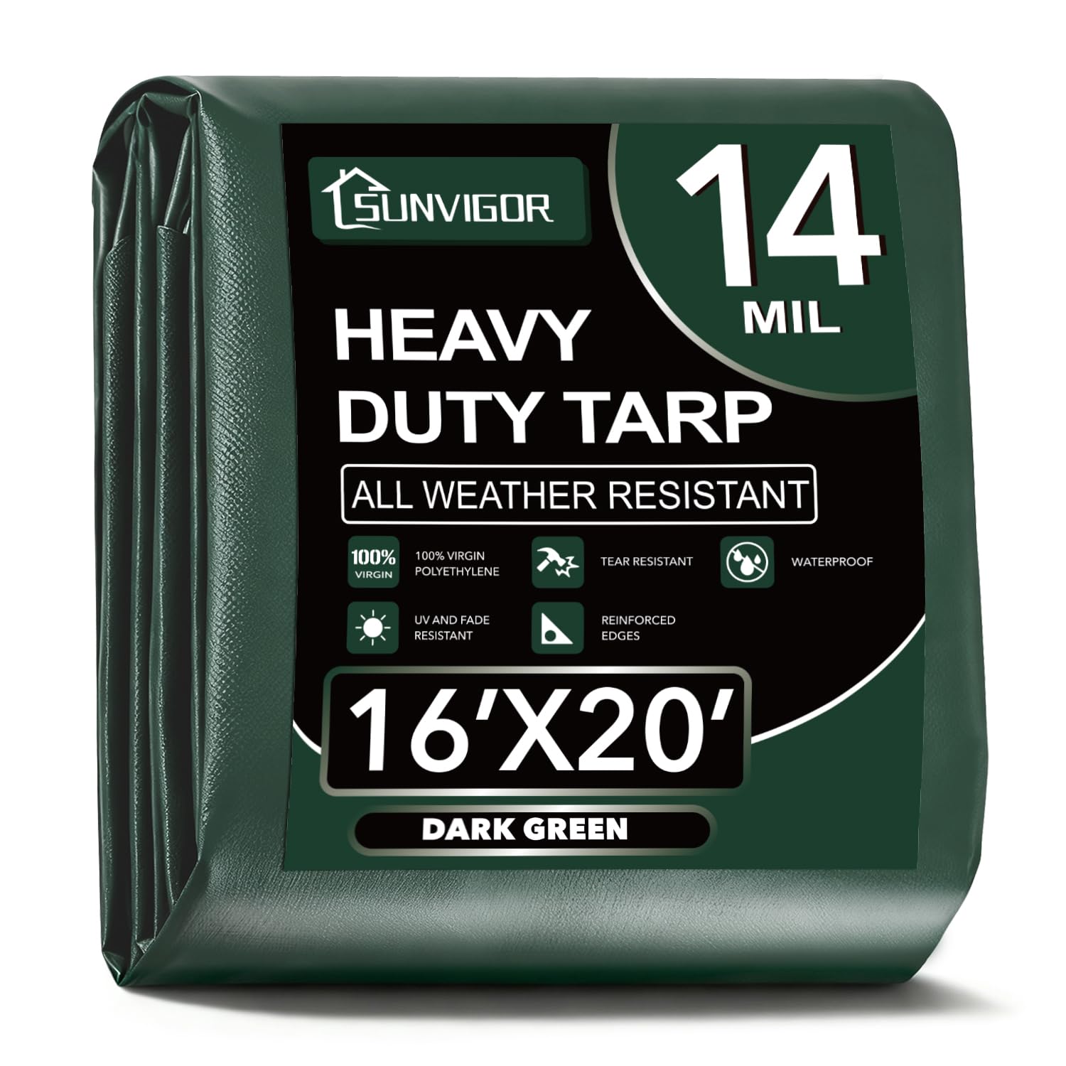 Sunvigor Tarp Waterproof 16x20Ft, Extra Thick 14 Mil Heavy Duty Tarp Cover, Tear & Fade Resistant, Outdoor Tarps with Brass Grommets and Reinforced Edges for Roof, Camping, Patio, Boat (Green)