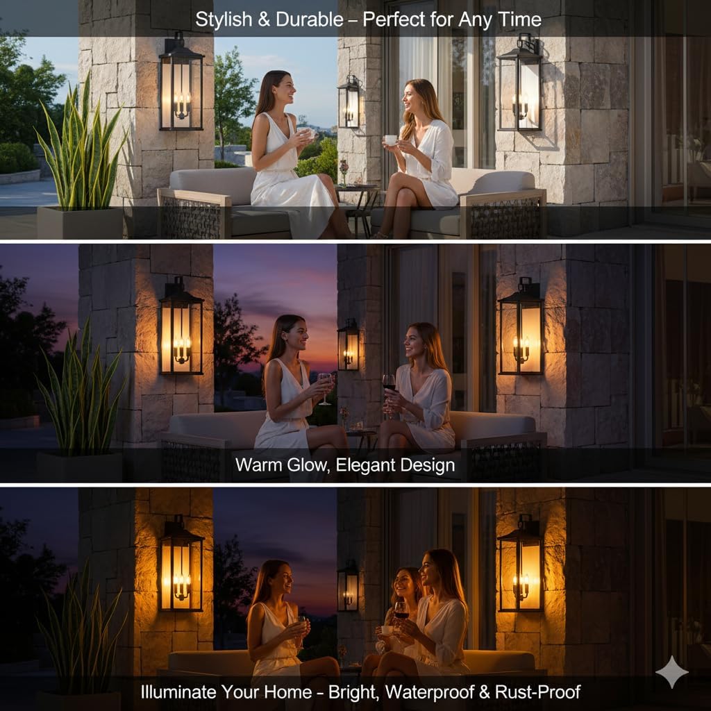 24" Outdoor Wall Light Fixtures,Candelabra 3-Light Exterior IP65 Waterproof Sconce with E12 Sockets Clear Glass Modern Matte Black Wall Mounted Porch Lights for Front Door and House Garage.