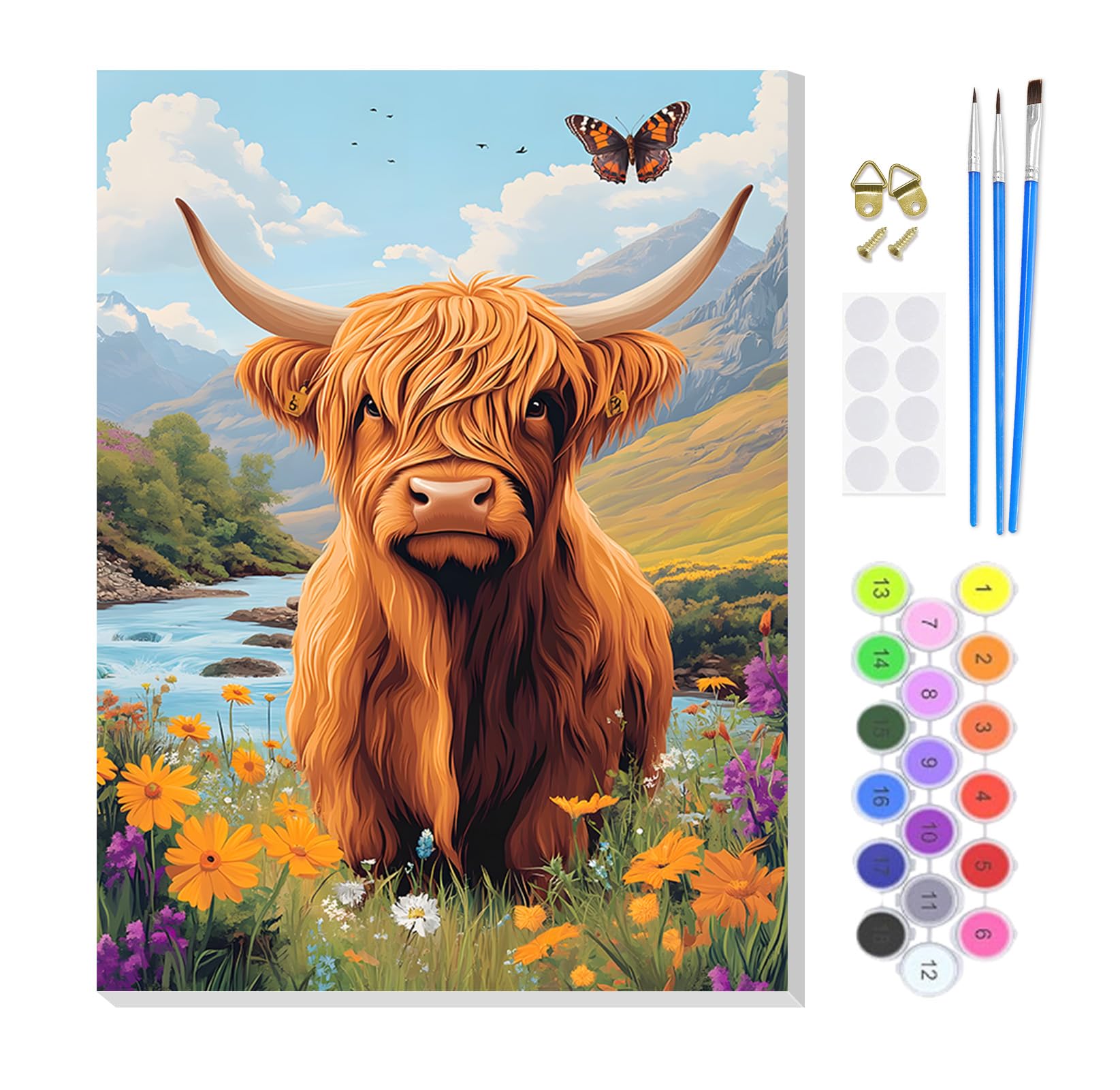 KEYIFA Paint by Numbers for Adults on Framed Canvas,Highland Cattle and Flowers Painting by Number Canvas Kits with Acrylic Paint Brushes, DIY Craft Oil Painting Art Kits for Adults, Home Wall Decor