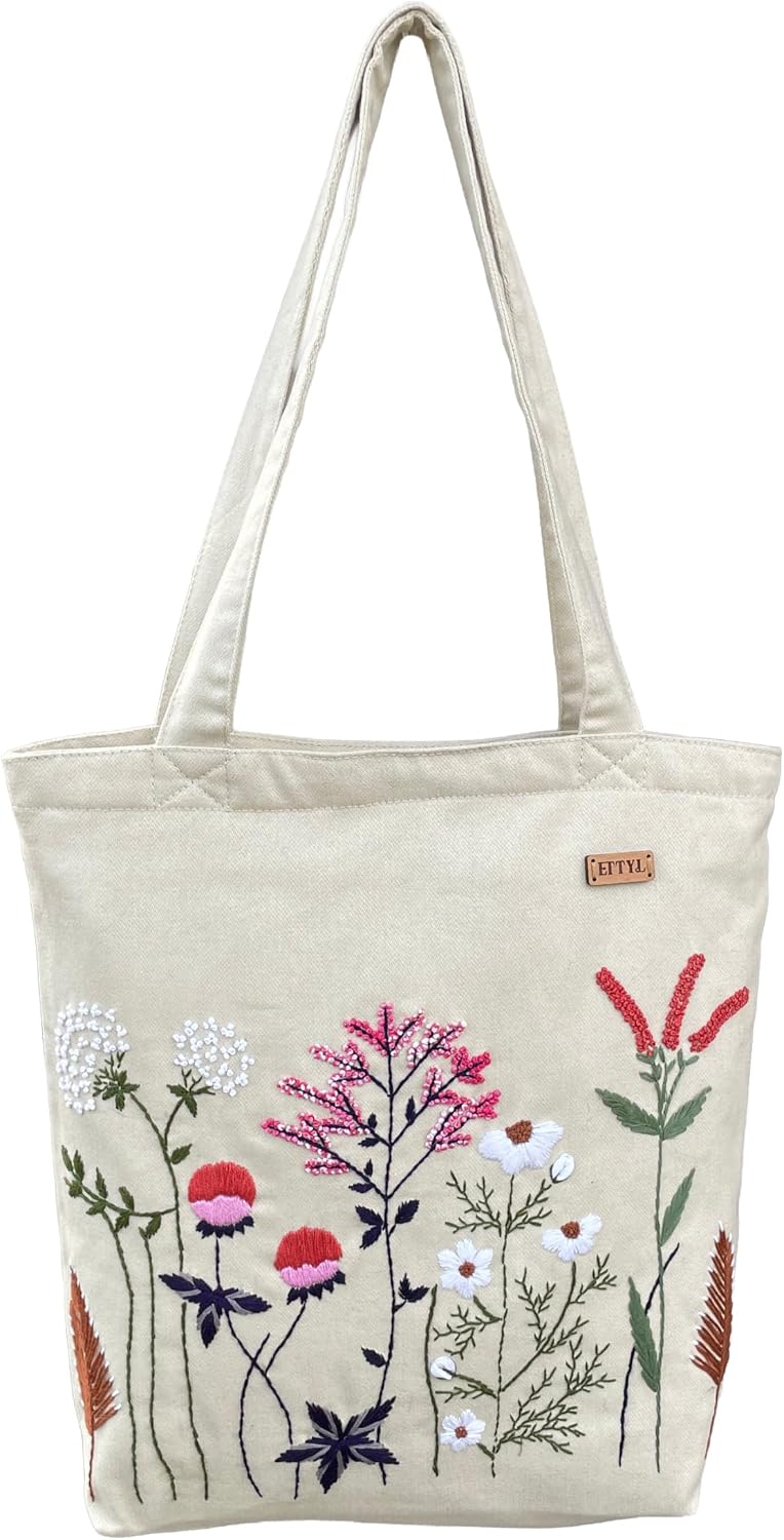 Premium Hand Embroidered Tote Bag with 2 Matching Pouches – Ivory Canvas Botanical Floral Set, Artisan Gift for Women