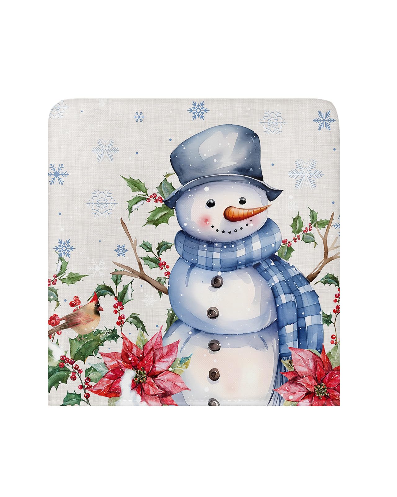 AMZRicher Blue Snowman Christmas Chair Back Covers for Dining Chairs 4 Pack, Washable Removable Chair Slipcover Back Chair Protector for Wedding Party Baby Shower Xmas Poinsettia Berry Snowflake