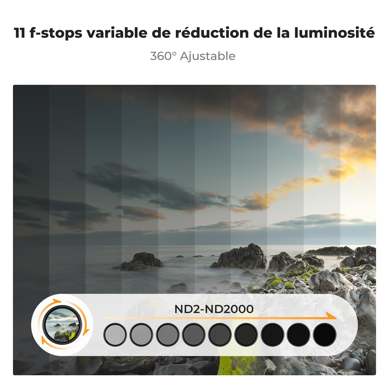 K&F CONCEPT Ø52mm Filtre ND2-2000 Variable 1-11 F-Stops Densité Neutre et 3 Chiffons de Nettoyage en Microfibre Emballé sous Vide pour Objectif Appareil Photo (K Série)