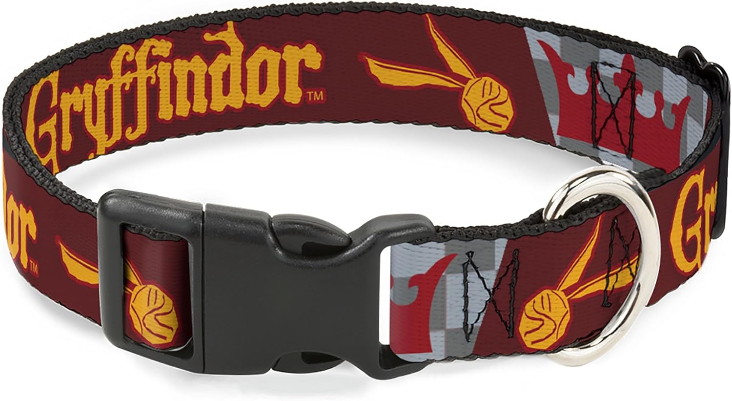 Warner Bros. Pet Collar, Dog Collar Plastic Buckle, Harry Potter Gryffindor Quiditch Ball Crown Red Golds Grays, 16 to 23 Inches 1.5 Inch Wide