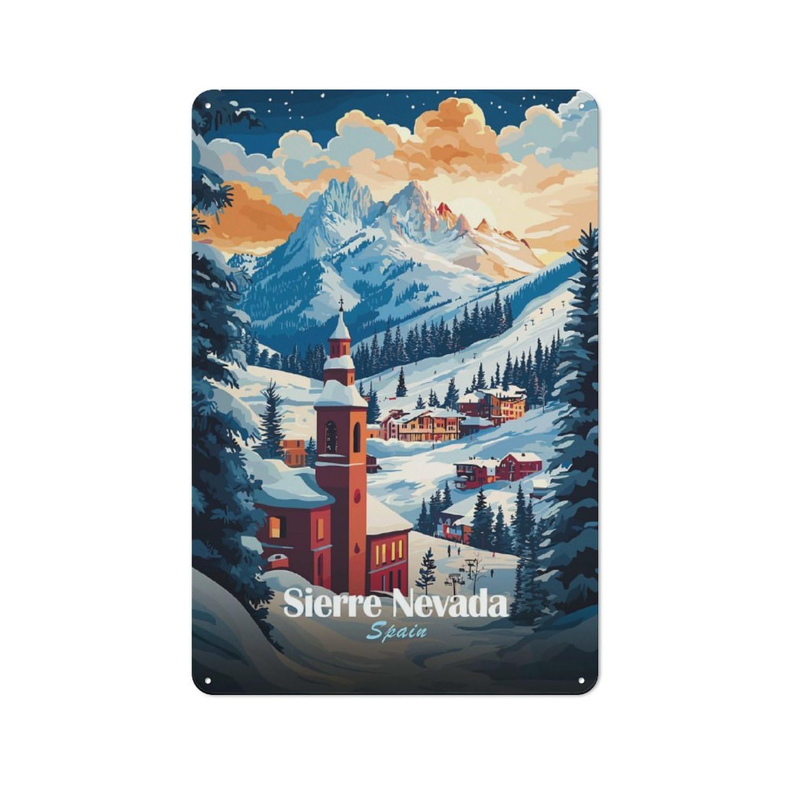 Junmoney Style-8 Metal Wall Plaque With Sierra Nevada Spain Mountain Village Design 30X20cm, Simple Retro Studio Wall Plaque For Hobby Room, Office, Lounge Or Living Room