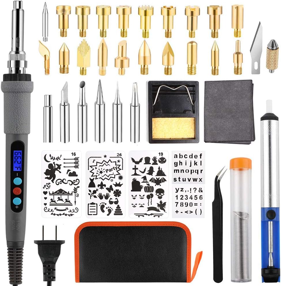 Wood Burning Kit, 49 Pcs Craft Wood Burner Kit with LCD Display Adjustable Temperature Pyrography Pen, Wood Burner Tips + Stencils + Stand + Carry Case for Wood Burning/Embossing/Soldering/Carving