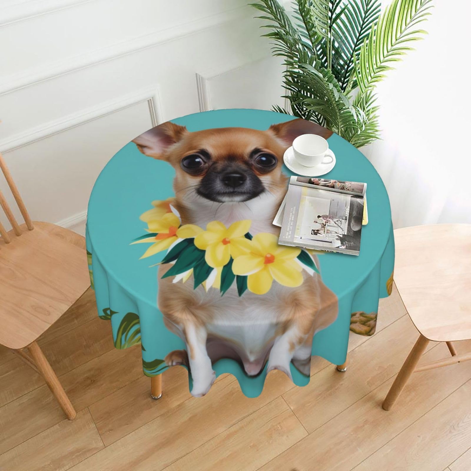 WPKJU Chihuahua Dog Pineapple Printed Round Tablecloth 60 in Water Resistant Table Cover Washable Table Cloth for Dining Tables