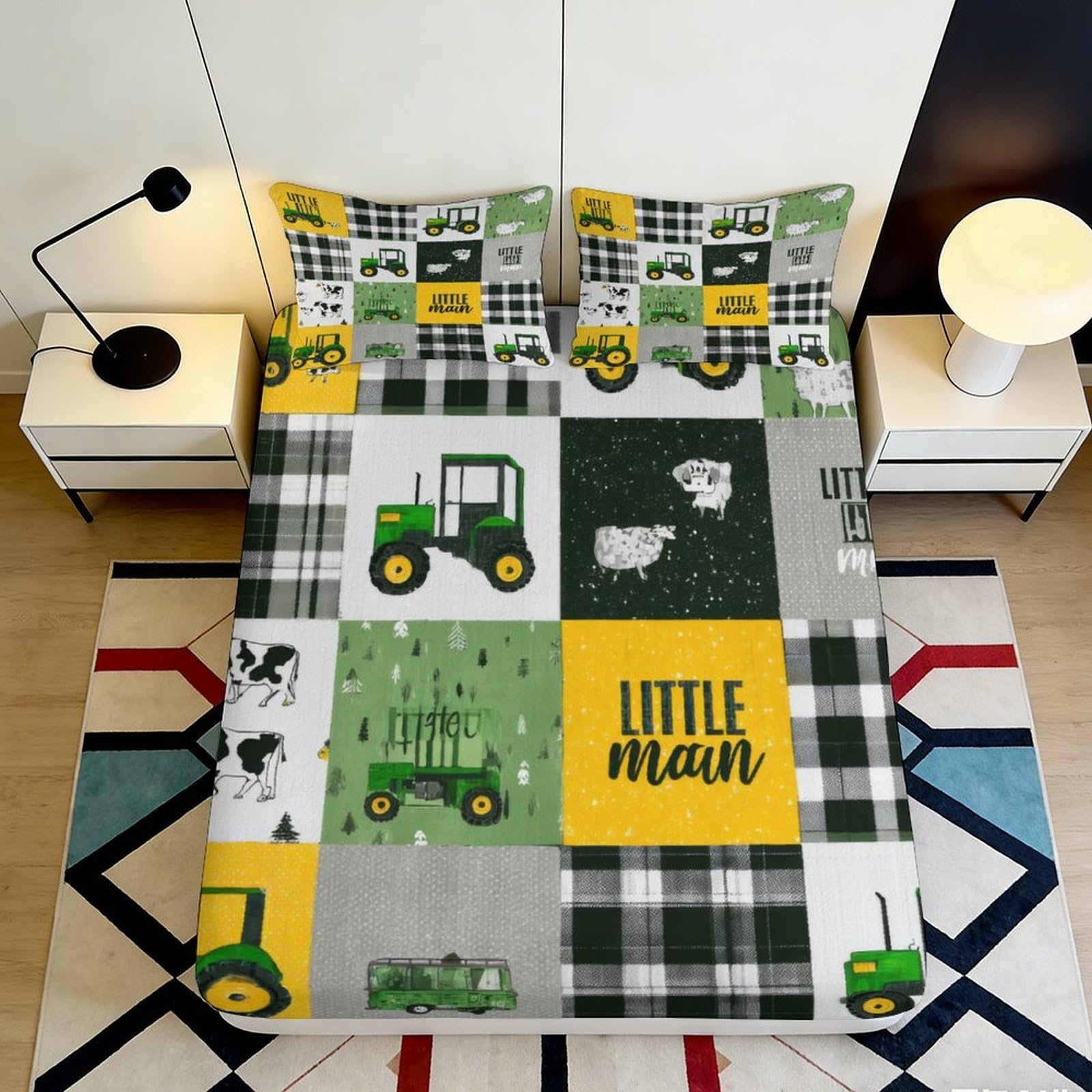 Pnayamiorkfel Style-4 3D Printed Farm Tractor Fitted Sheet Microfiber Plaid Cow Sheep Bed Cover For Bedroom Dorm Decorative Mattress Protection 90X200x25cm