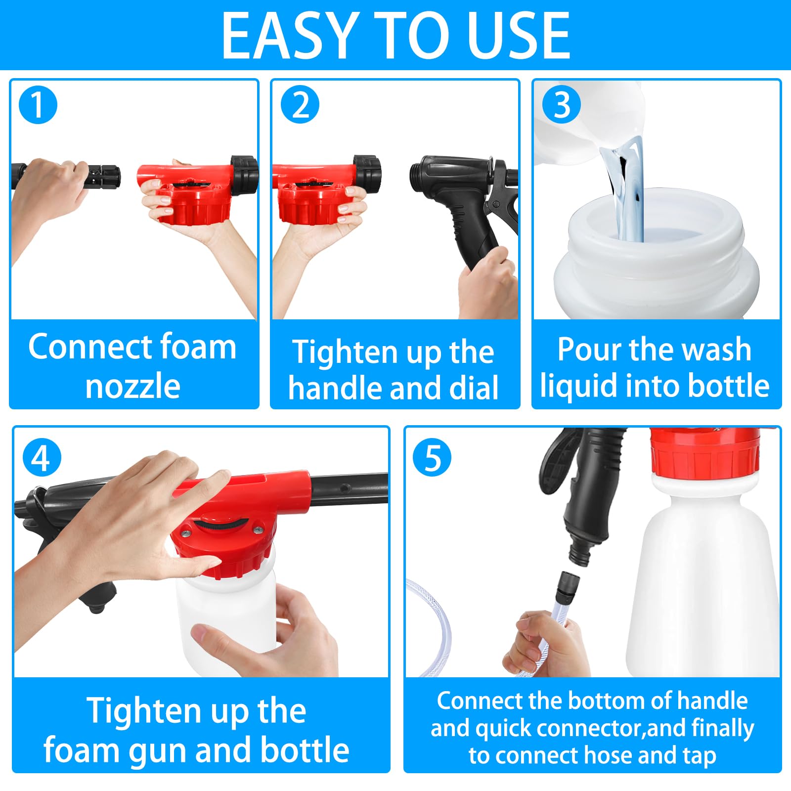 Pulvérisateur à mousse pour voiture - 1000 ml - Réglable - Pour lavage de voiture, grande capacité avec bande anti-fuite - Canon à mousse 2 en 1 pour le lavage, l'arrosage du jardin, la douche