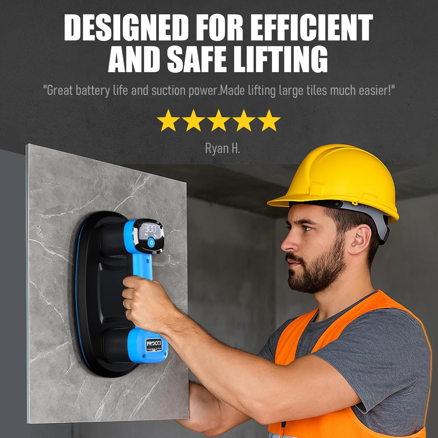 Electric Battery Suction Cup – Cordless Vacuum Lifter for Tiles, Glass, Marble – Dual Motors, 660 LBS/300 KG Suction, LCD Display, 4500mAh, 12h Runtime – for Smooth & Lightly Textured Surfaces