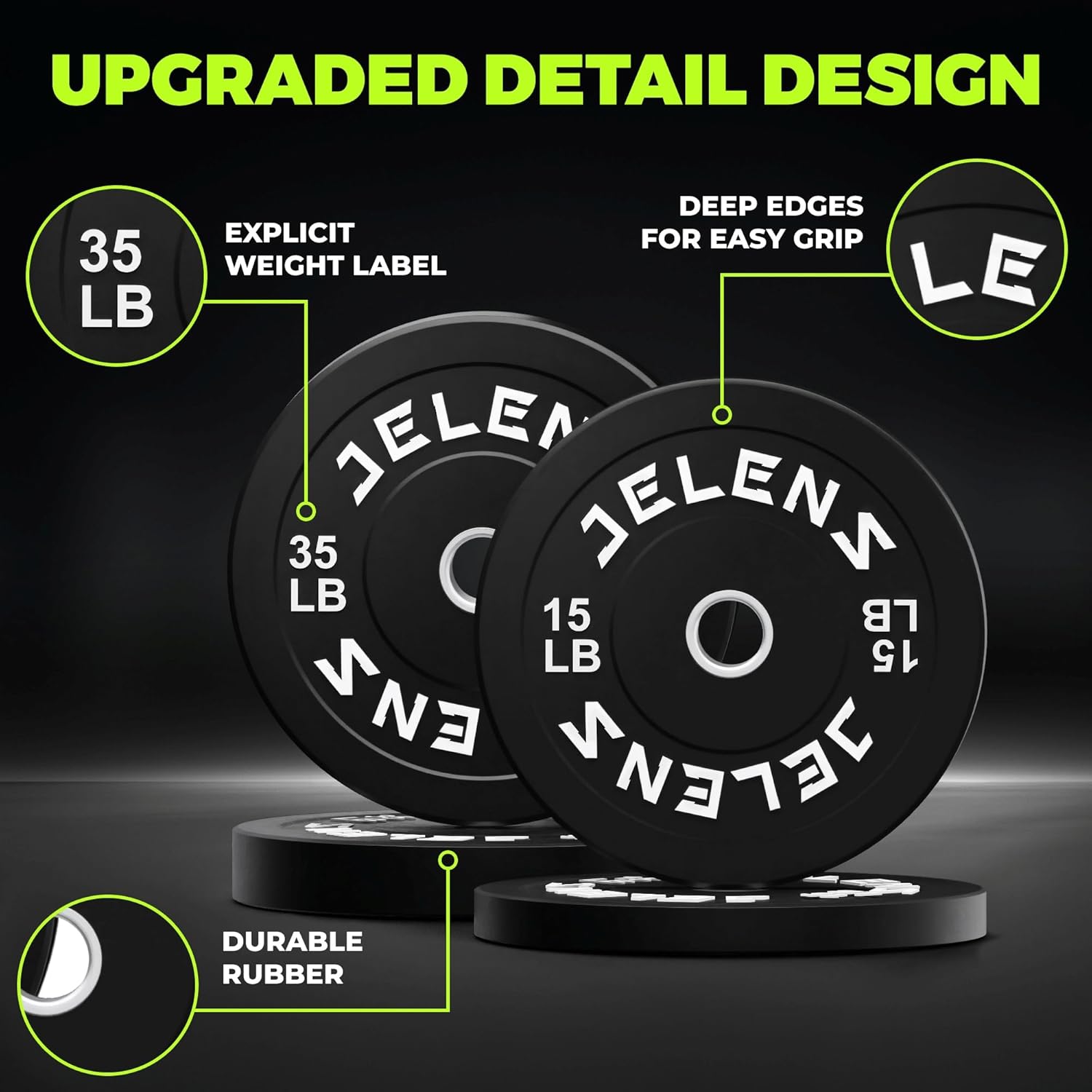 JELENS Olympic Barbell Weight Plates Set, 2-Inch Black/Colored Rubber Bumper Plate Weight Set for Strength Training and Weightlifting, Multiple Options