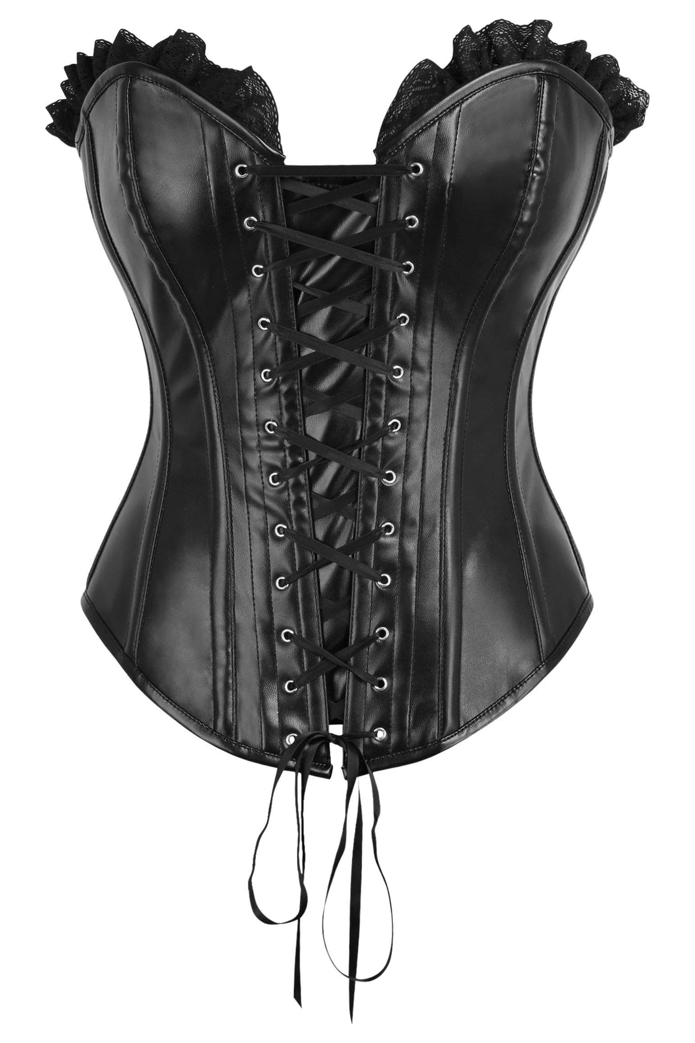 Daisy corsets womens Daisy Corsets Top Drawer Black Faux Leather Black Lace Trim Lace-up Steel Boned Corset