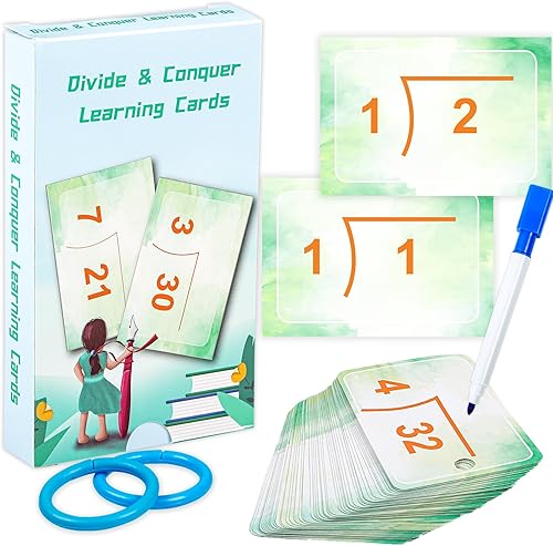 Miniatura 1 de Tarjetas flash de división Hechos matemáticos 1-10, 50 tarjetas perforadas con respuesta en la parte posterior, juegos de manipulación matemática