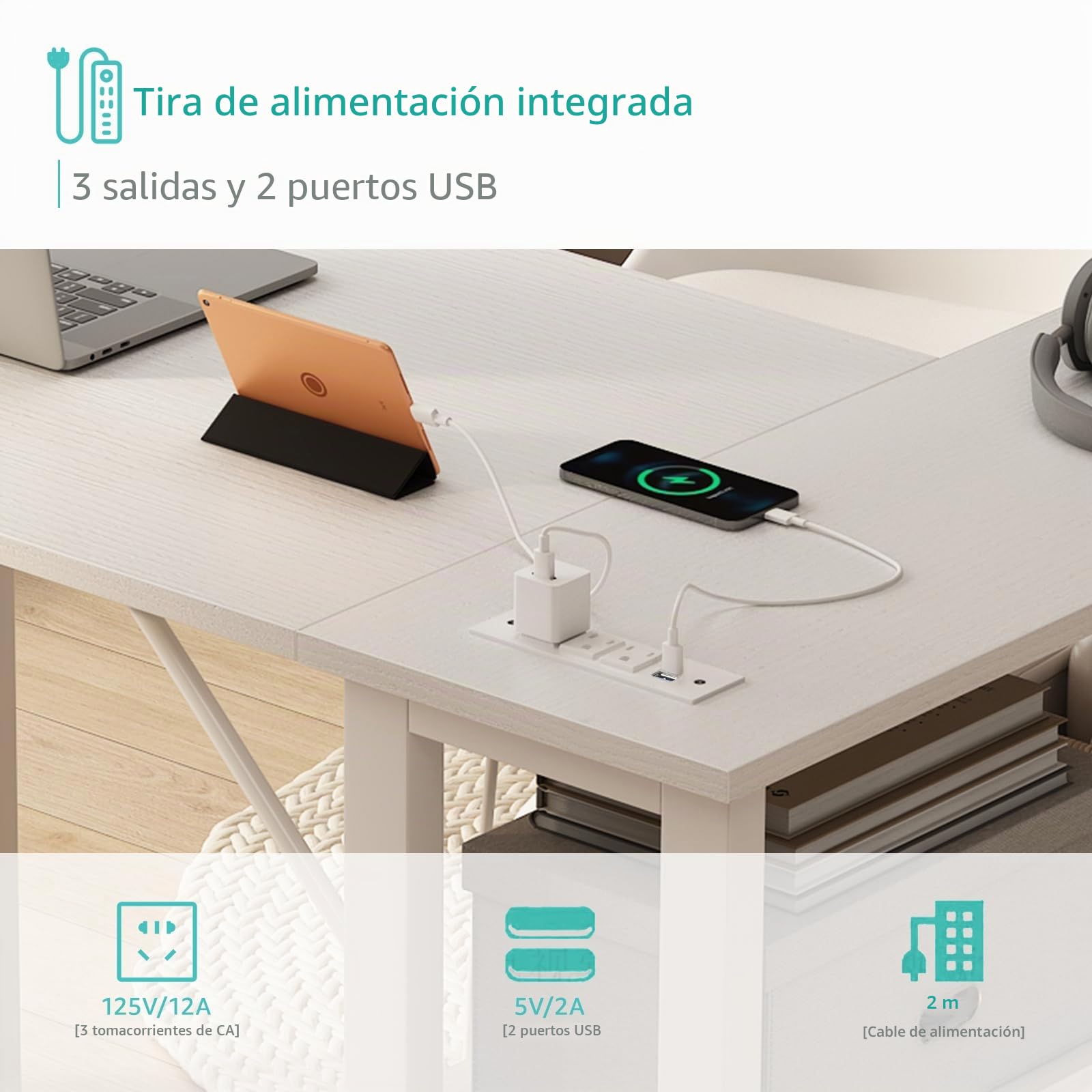 Lufeiya Mesa Escritorio Blanco con Cajones y Enchufes,Escritorio Esquinero con 4 Cajones 120CM Escritorio en l L para Oficina Juveniles Estudio（Enchufes Europea