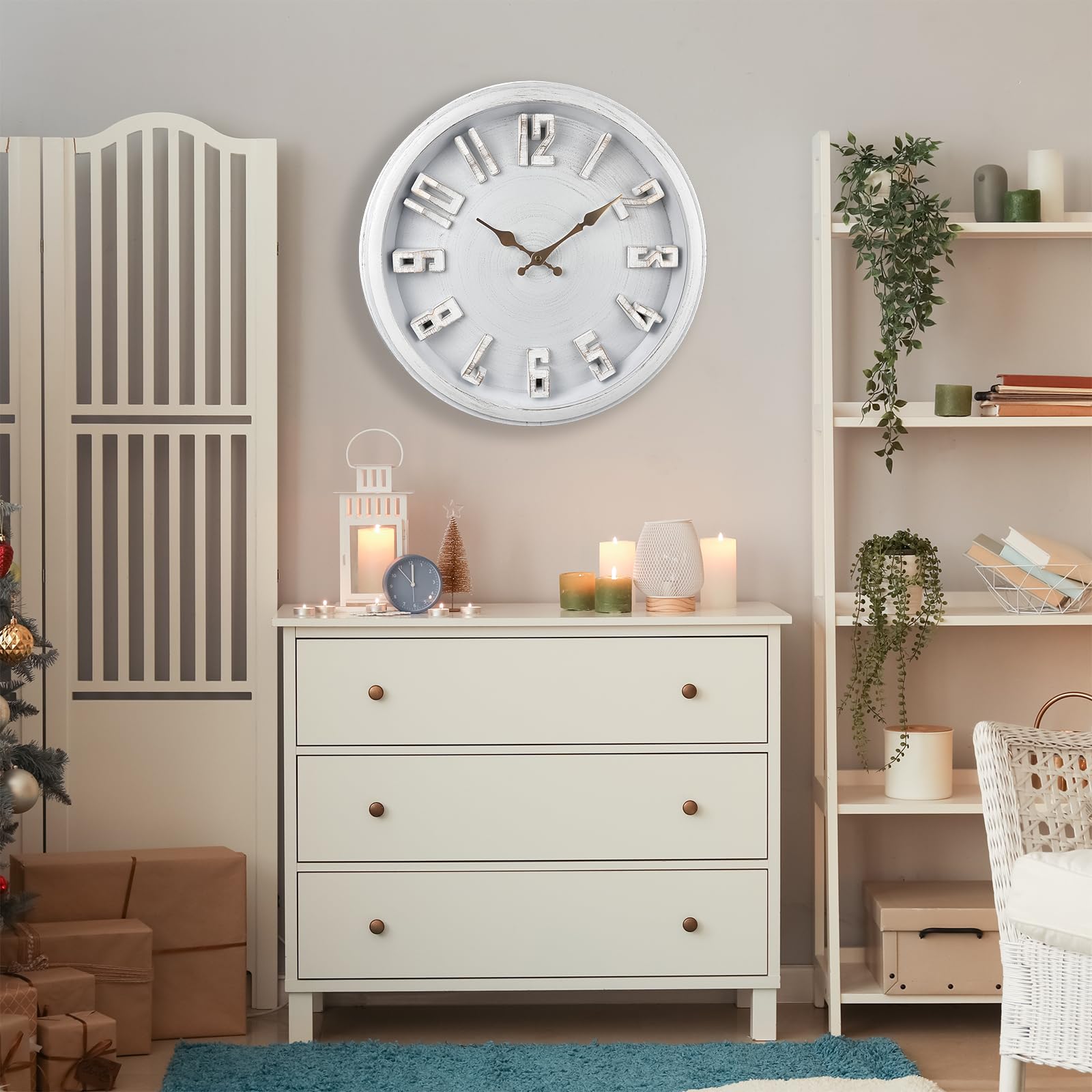 Extra Grande Reloj de Pared Vintage de 40 cm, Silencioso, Sin Tictac, Clásico, Retro, Funciona Pilas, 3D Números grandes, Fácil de Leer, Adecuado Para Sala de Estar, Dormitorio, Cocina (Blanco)