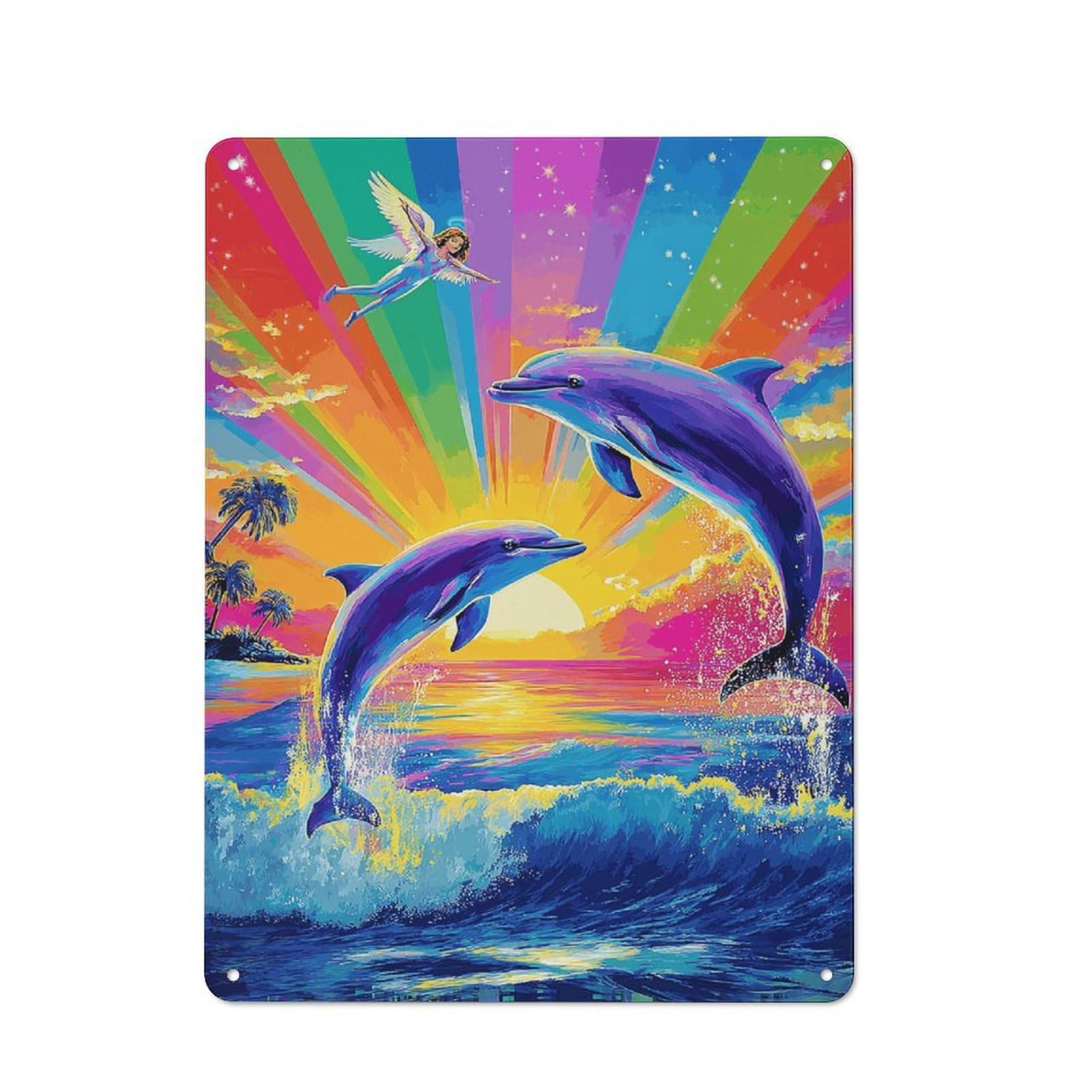 Junmoney Dolphins Leaping At Sunset -1 Tin Wall Sign With Design 40X30cm, Classic Diner Style Decor For Bakery, Diner, Cafe Or Family Room