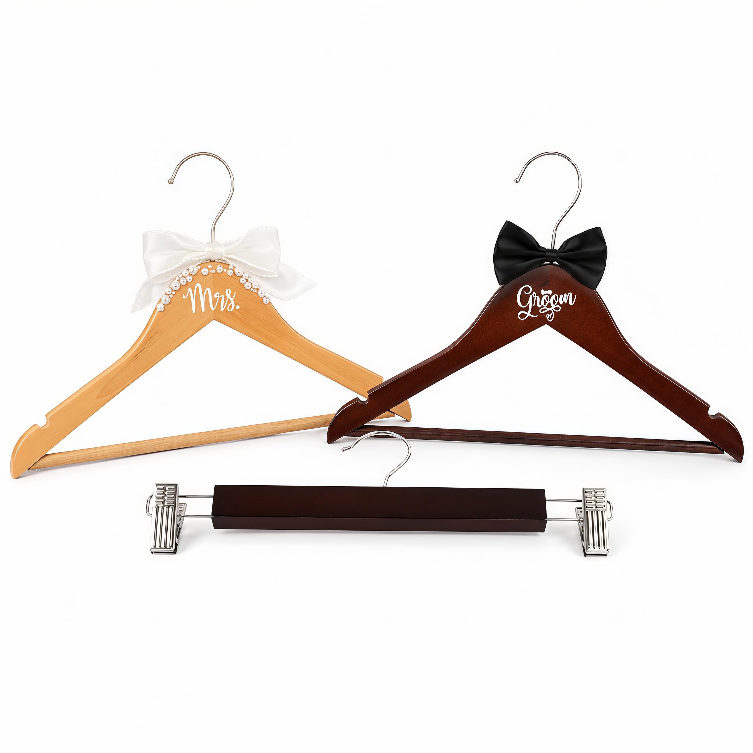 3 Piece Bride and Groom Hangers, Wooden Formalwear Display Set | Mrs Pearl Detail, Groom…
