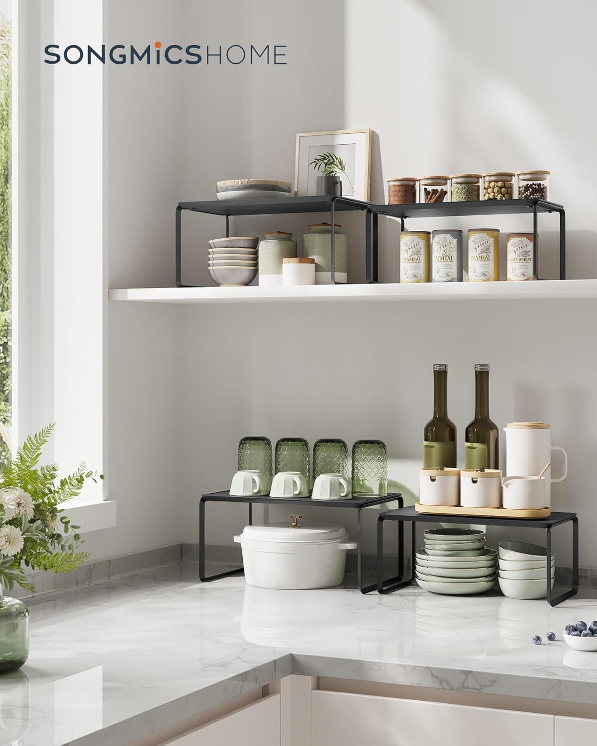 SONGMICS HOME Bamboo Cabinet Organizer Shelf, Nice-Looking Set of 2 Kitchen Counter Shelves, Kitchen Storage, Spice Rack, Stackable, Expandable, Ink Black UKCS050B01V1 - Image 2