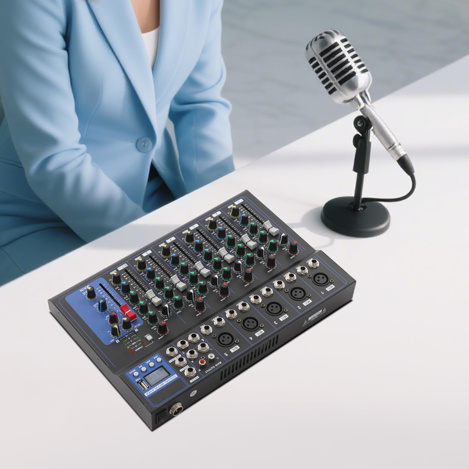 Mesa de mezclas, mezclador de audio de 7 canales, controlador de DJ, mesa de mezclas DJ con seis estilos de música integrados, ecualizador estéreo para la grabación de aplicaciones de música de