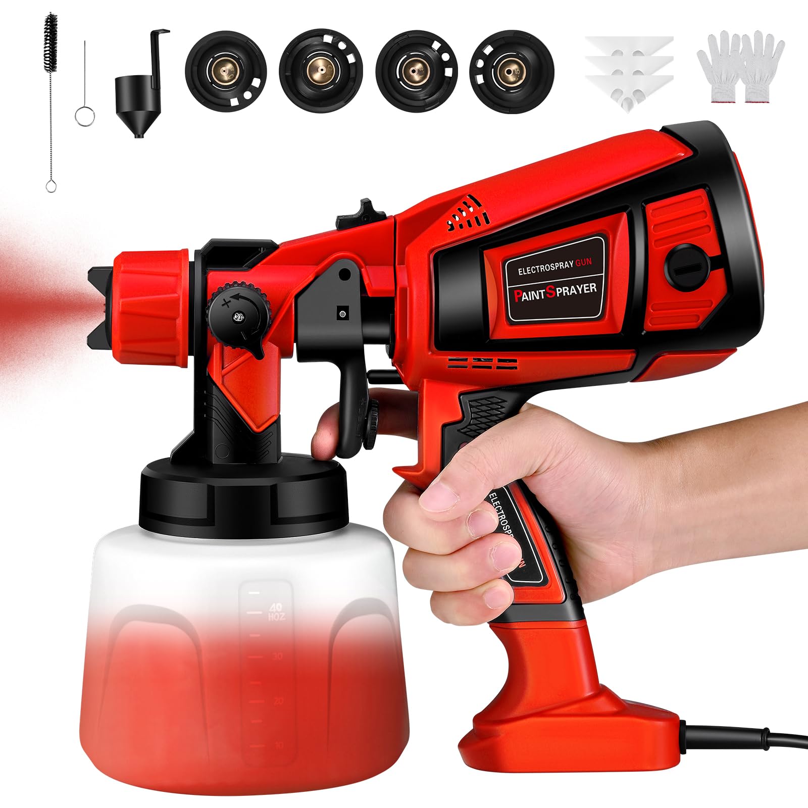 Pistola per vernice, 800 W HVLP spray per vernice elettrica con contenitore da 1400 ml, portata massima di 1000 ml/min,4 ugelli per la spruzzatura e la pulizia del fai da te