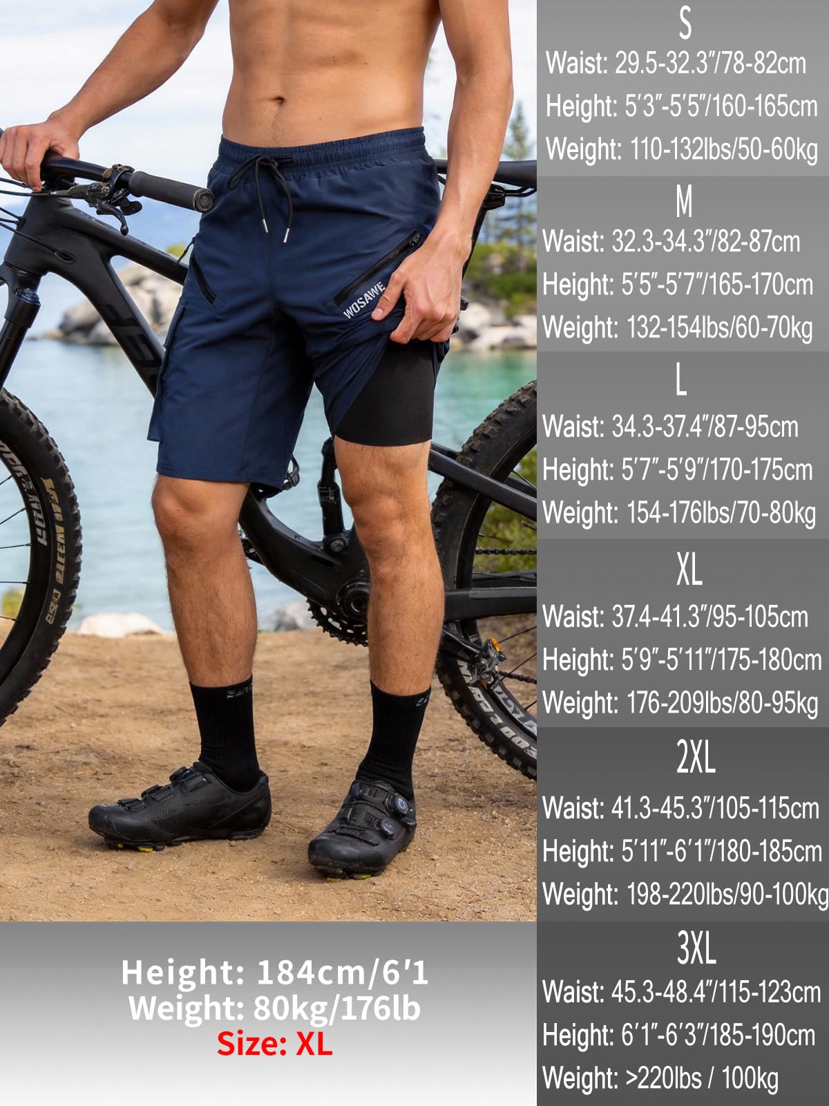 WOSAWE Męskie spodenki do roweru górskiego, workowate, 2 w 1, oddychające, wyściełane spodenki rowerowe 4D, do wędrówek, biegania, wyścigów, treningu, NIEBIESKI, L